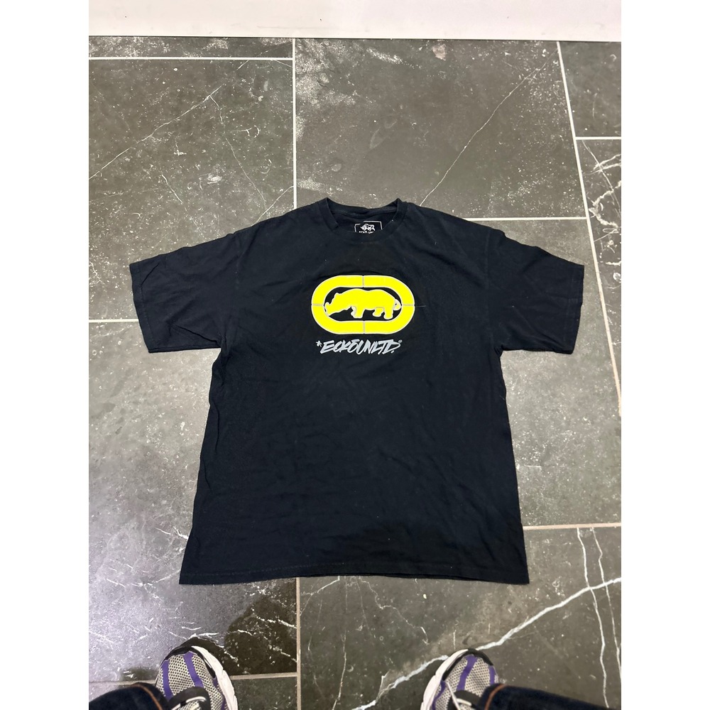 Ecko Unltd Mens y2k 2000 XL Black Graphic T-Shirt Yellow Rhino Logo  Skater Tee
